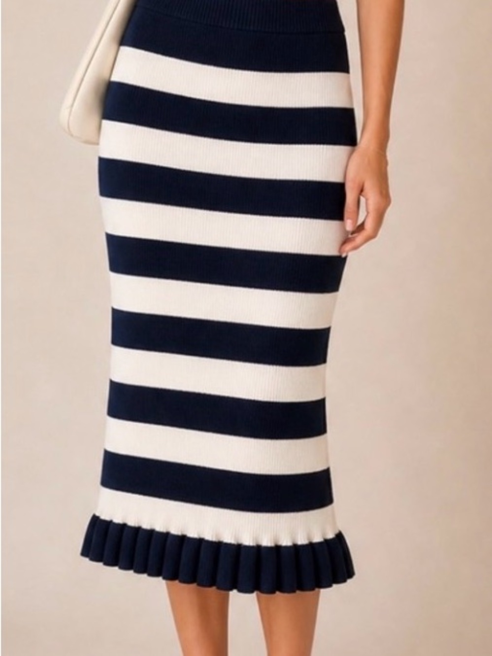 Michael Kors Navy and White Striped Midi Skirt